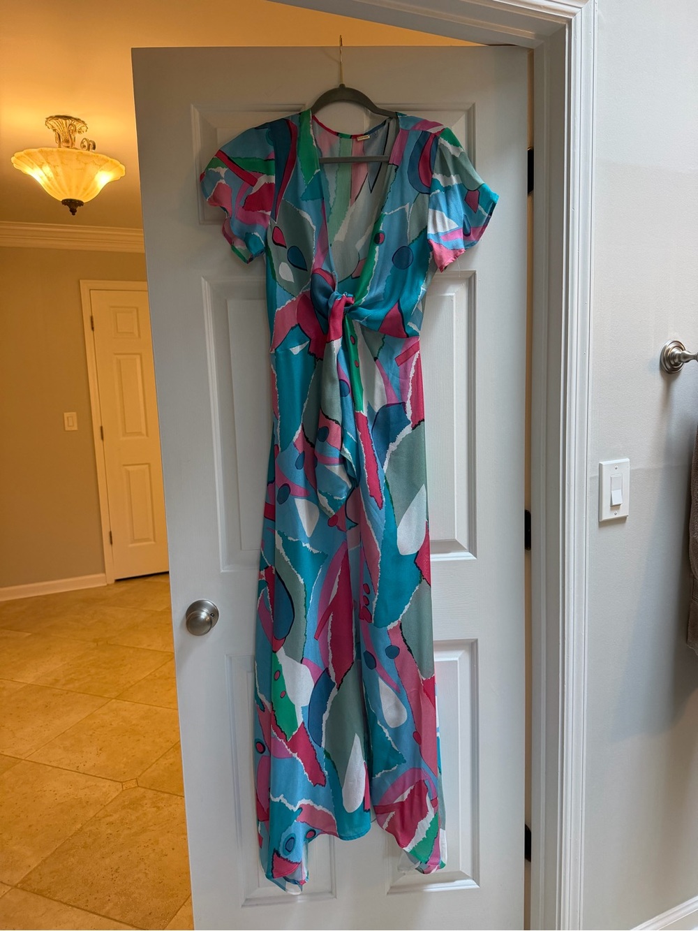 cult gaia Teal, Pink & White Abstract Tie-Front Maxi swim coverup. OSFA.